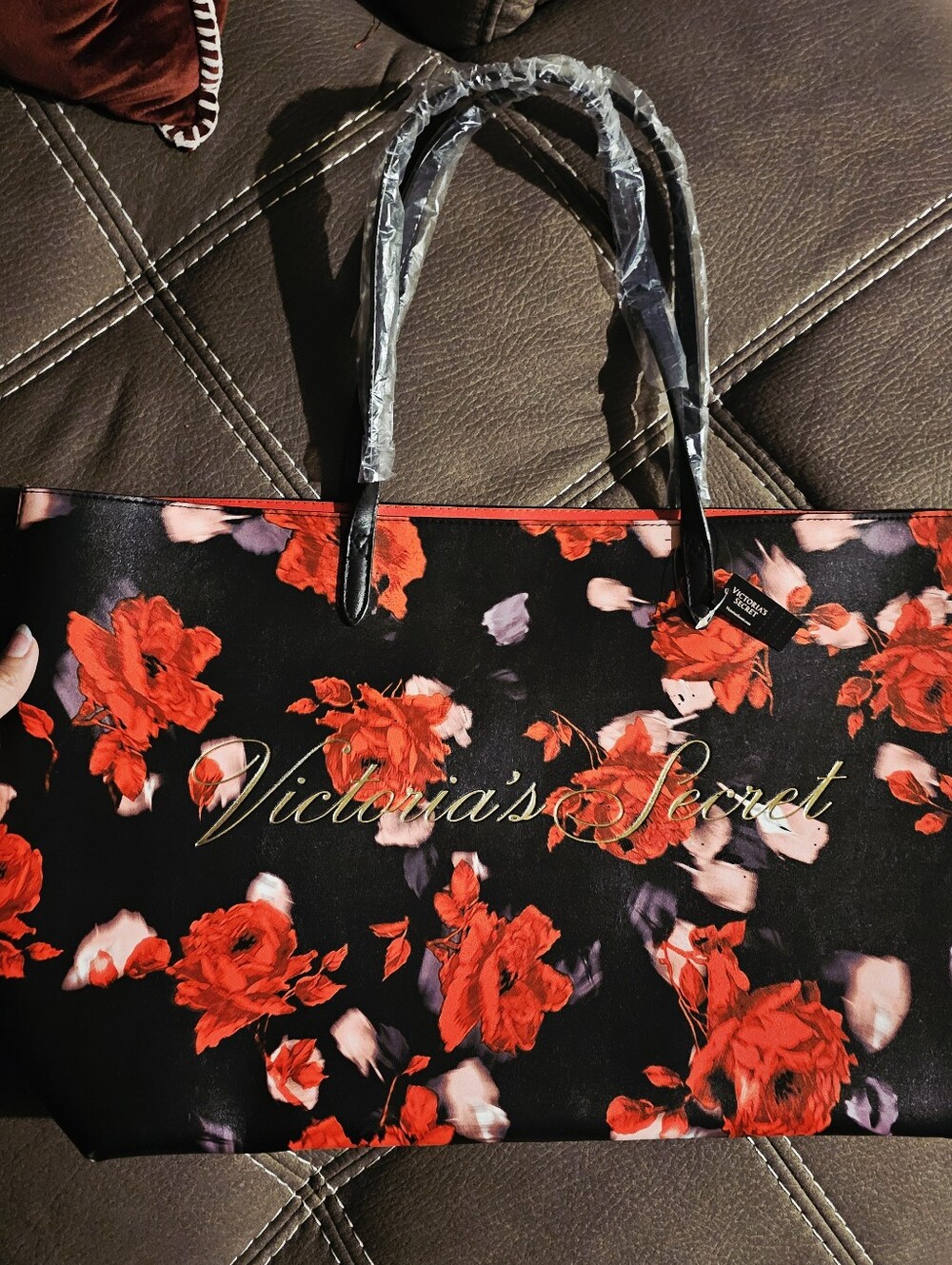 Victoria's Secret 2019 Limited Edition Large Red Floral Rose Tote Bag Black Pink